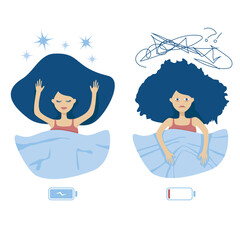 Good sleep and insomnia woman character concept. Happy girl with sweet dreams in bed and emaciated sleepless lady with falling asleep problem. Full and poor battery charging illustration