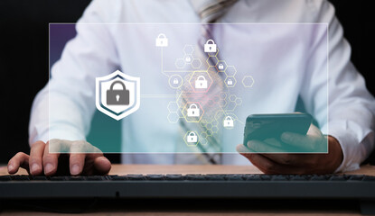 Businessman user typing login and password, cyber security concept, data protection and secure internet access, cybersecurity, Padlock icon and internet technology networking