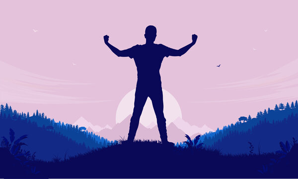 Stay strong - Motivational image of man facing a new day with positive attitude. Personal achievement concept. Vector illustration.