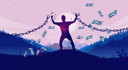 Reaching financial freedom - Male person breaking chains and achieving money freedom. Free and independent concept. Vector illustration. - obrazy, fototapety, plakaty