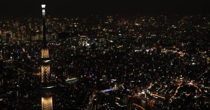 Aerial night illuminated city view near Tokyo sky tree