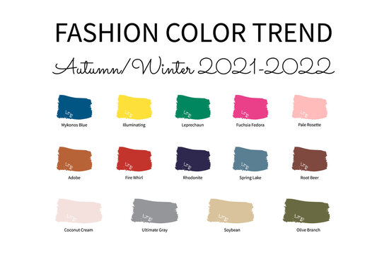 Fashion Color Trend Autumn Winter 2021 - 2022. Trendy colors palette guide. Brush strokes of paint color with names swatches. Easy to edit vector template for your creative designs