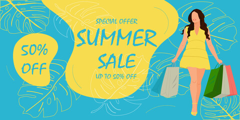 Summer sale banner with shopping woman. Vector illustration.