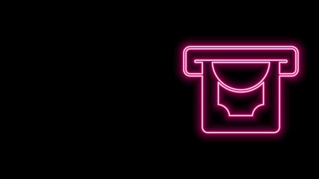 Glowing neon line ATM - Automated teller machine and money icon isolated on black background. 4K Video motion graphic animation