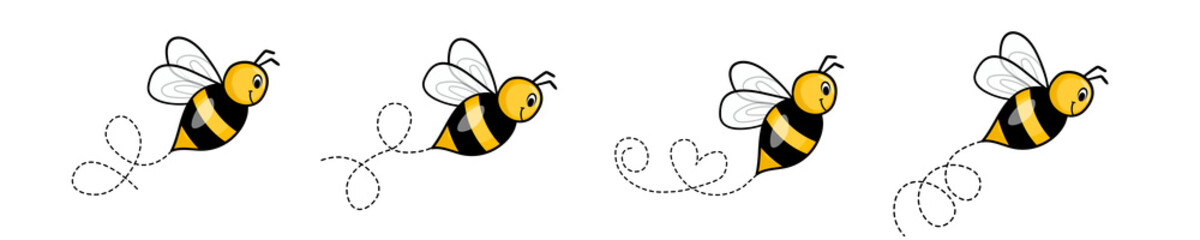 Set of cartoon bee mascot. A small bees flying on a dotted route. Wasp collection. Vector characters. Incest icon. Template design for invitation, cards. Doodle style