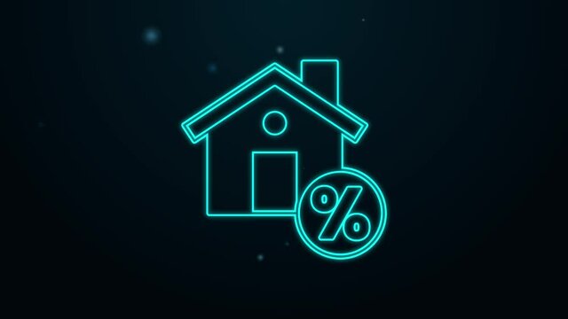 Glowing neon line House with percant discount tag icon isolated on black background. Real estate home. Credit percentage symbol. 4K Video motion graphic animation