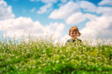 Happy baby boy enjoying spring green grass with daisy flowers in a field