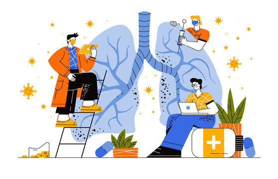 People explore their lungs on a huge tablet. Physicians with medical devices in uniform lab coats study lungs-covid coronavirus disease treatment diagnostics therapy. Girl holding syringe with vaccine