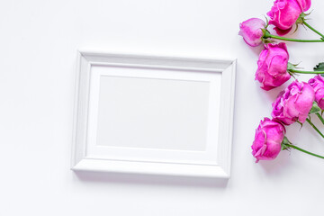 pink peony and frame for present on white background top view mockup