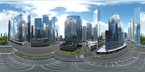 Panorama of the city. HDRI, environment map , Round panorama, spherical panorama, equidistant projection, panorama 360, cityscape, 3d rendering © ustas
