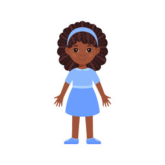 Isolated girl black beautiful little in a blue dress and in shoes. Child has Afro curly hair. Color flat cartoon style. Front view. White background. Vector stock illustration.