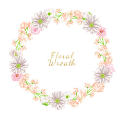 Watercolor elegant floral wreath. Hand drawn round frame with blush and peach color flowers isolated on white. Botanical arrangement with pastel flower buds for wedding invitation, save the date.