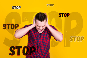 A handsome guy in a red shirt on a yellow background