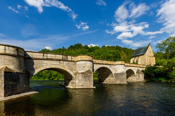 The historic bridge over the Werra River at Creuzburg in the Werra Valley in Thuringia