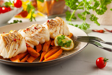 Fried pieces of cod loin, served with sweet potato fries. Light stone background.