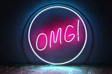 Deurstickers Pink and blue neon sign circle omg. Trendy style. Neon sign. Custom neon. Home decor. © Iana