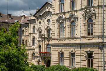 Fototapeta na wymiar Old town hall. Detail of the back front of City Hall of Gyor. Hungary
