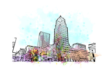 Building view with landmark of Fort Wayne is a city in northeastern Indiana. Watercolor splash with hand drawn sketch illustration in vector. - obrazy, fototapety, plakaty