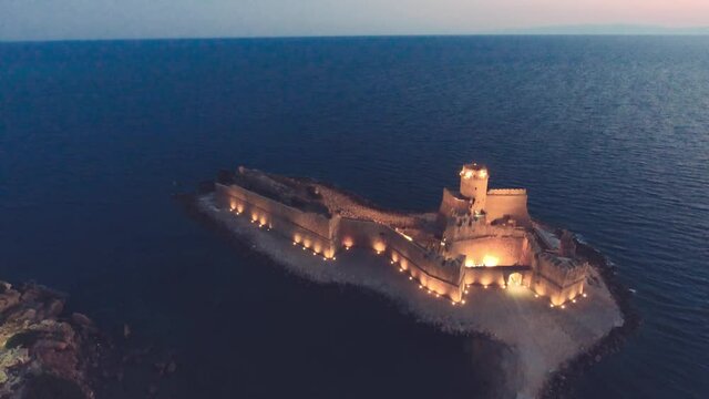 Aragonese Fortress, touristic aragonese castle "Le Castella". Night landscape of the Calabria region, southern Italy