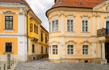 Old houses in town. Baroque old town street corner. Gyor downtown.Hungary.