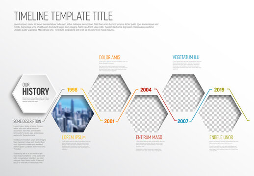 Infographic timeline template with photos in hexagons