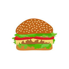 Delicious hamburger with tomatoes, cucumbers, cheese, cutlet and lettuce leaves on a white background.