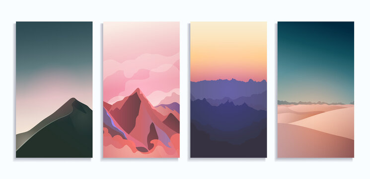 Minimalist abstract landscape illustrations. Set of trendy stylish background mountains for a print poster, cover or web banner, site, mobile application. Beautiful colors of nature. Vector drawing