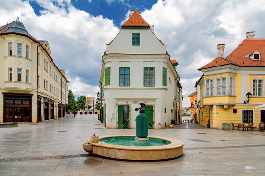 Typical baroque street scene with buildings in the cobbled square with a siphon fountain in the historical center of Gyor, Hungary
