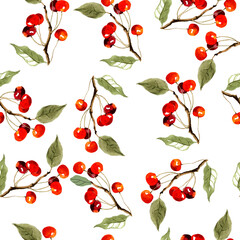 Red cherries branches isolated on white background seamless pattern for all prints. Fruit pattern. Food.