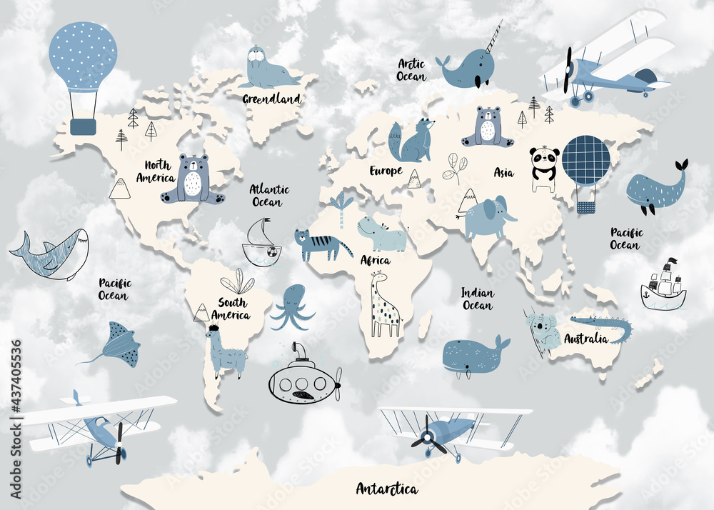 Poster world map for kids with cute animals cartoon planes and air balloons. children's map design for wall