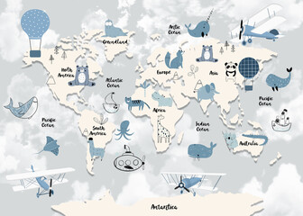 World map for kids with cute animals cartoon planes and air balloons. Children's map design for wallpaper, kid's room, wall art. America, Europa, Asia, Africa, Australia, Arctica. illustration. © ZHUKO