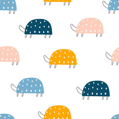 Vector color hand-drawn seamless repeating childish pattern with cute doodle turtles in Scandinavian style on a white background. Kids texture for fabric, wrapping, textile, wallpaper, apparel.
