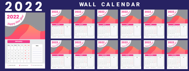 Wall Calendar 2022, Minimal Wall Calendar for 2022, Business Template, Wall calendar design template for 2022, Vector Illustration