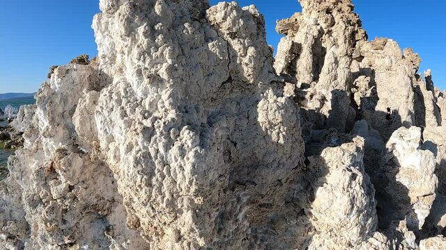 Slow panning closeup of a tufa column at Mono Lake.