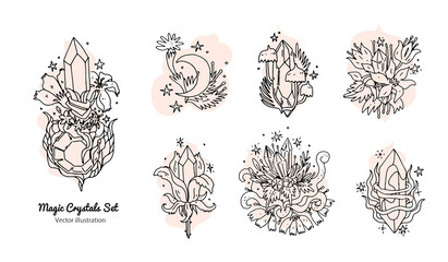 Magic crystals with flowers set. Line art hand drawn doodle elements with quartz crystals and flowers. Elegance and aesthetic floral design icons isolated on white background. Vector illustration - obrazy, fototapety, plakaty