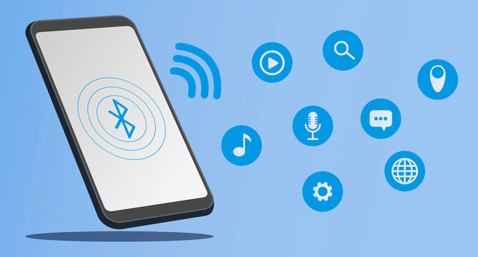 Illustration of smartphone searching and find bluetooth wearable application music, video, mic, search, setting, chatbot, internet and location app ..