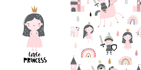 Vector hand-drawn colored childrens seamless repeating pattern with cute princess, castle, knight, rainbow on a white background. Creative kids texture for fabric, wrapping, textile, wallpaper.