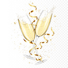 Fototapeta Transparent realistic two glasses of champagne with ribbons and confetti, isolated. obraz