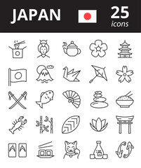 Japan related icons set. Simple outline web symbols. Vector illustration.