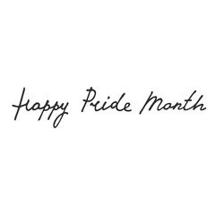 Happy Pride Month 2021 handwritten greeting. Hand-lettered rainbow-colored logo on dark blue background