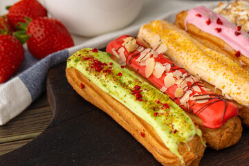 Eclair cake close up on wooden table
