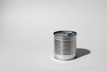 Tin can for food on gray background