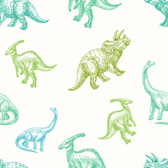 Hand Drawn Dinosaurs Vector Seamless Background Pattern. Parasaurolophus, Triceratops and Brontosaurus Colorful Sketches Card, Wrapping or Cover Template