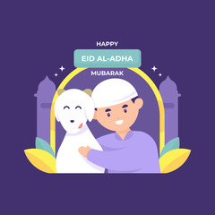 illustration of a happy Muslim man hugging a goat. celebrating eid al adha. Happy Eid Al-Adha. flat style. Muslim event. vector people design