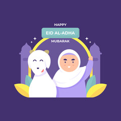 illustration of a happy Muslim woman waving beside a goat. celebrating eid al adha. Happy Eid Al-Adha. flat style. Muslim event. vector people design