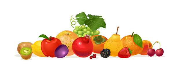 Composition of fruits. Pomegranate, orange, plum, kiwi, strawberry, pear, sweet cherry, persimmon, lemon, blackberry, apple, grape, peach, orange. Vector illustration isolated on white background.