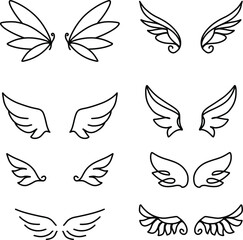 Wings doodle set in hand drawn style on black background. Vector graphic illustration. Hand drawn style. Sketch drawing. Nature background. Line drawing style. Creative concept.