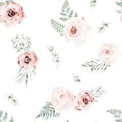 Watercolor boho roses seamless pattern. Green floral and leaves background, forest fern repeat,  pastel pattern for nursery, wallpaper, apparel. Dusty green watercolor repeat pattern