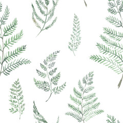 Watercolor boho roses seamless pattern. Green floral and leaves background, forest fern repeat,  pastel pattern for nursery, wallpaper, apparel. Dusty green watercolor repeat pattern