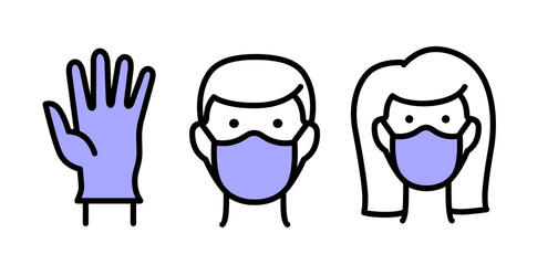 Fototapeta premium Vector icon set male and female, wearing face mask. Man and Woman protection 